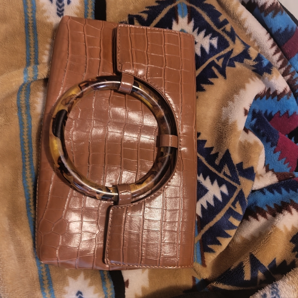 Brown Croc-Embossed Clutch with Tortoise Shell Accent